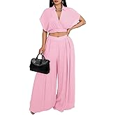 Lounge Sets for Women Two Piece V Neck Crop Top Flowy Pants Set Vacation Travel Summer Outfits