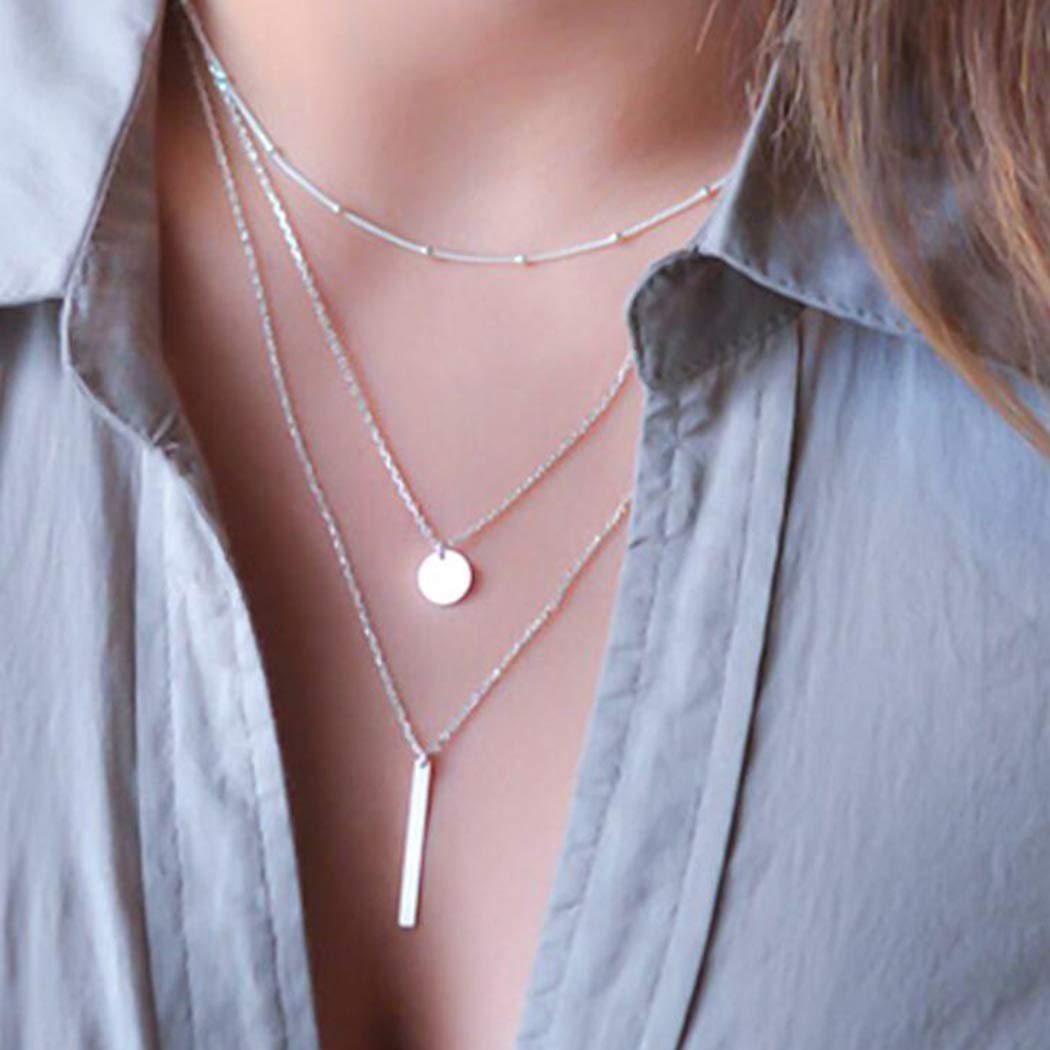 Yienate Bohemia Multilayer Necklace with Copper Bead Chain Sequin Pendant Fashion Necklaces Chain Jewelry for Woman and Girls (SIlver)