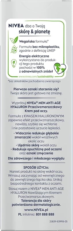 Hyaluron Contorno de Ojos Antiedad con Ácido Hialurónico (1 x 15 ml), crema antiarrugas que reafirma la piel, crema de hombre para una piel de aspecto más joven