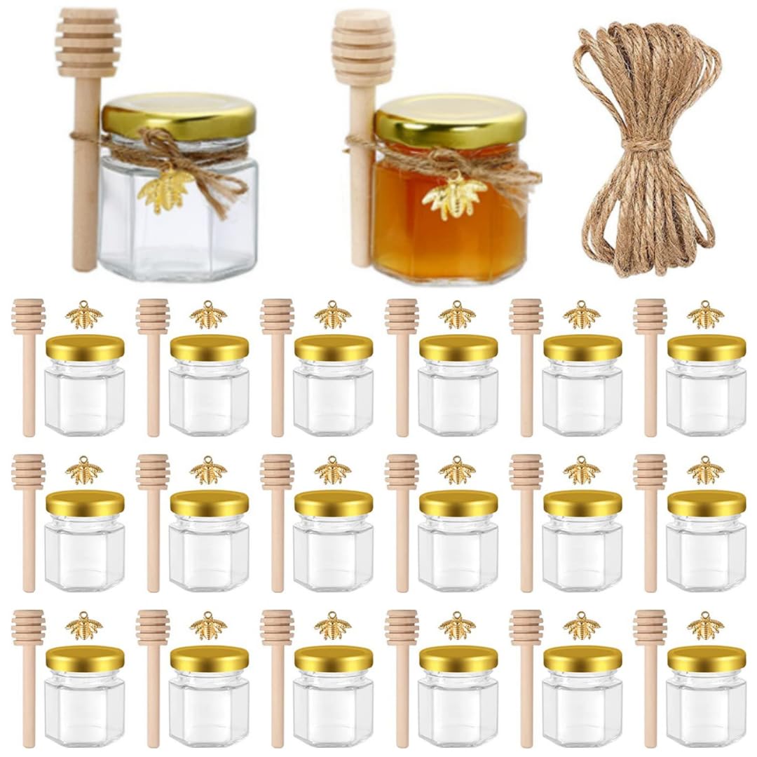 MEETOZ 1.5 oz 20 pack Mini Glass Honey Jars,Hexagon Honey Jars with Wooden Dipper, Gold Lids, Gold Bee Pendants, Jutes, Bee Stickers, Jars Perfect for Baby Shower, Wedding, Party Favors