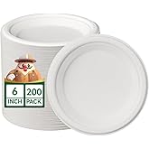 JOLLY CHEF 100% Compostable Small Paper Plates, 200 Pack 6 Inch Heavy Duty Dessert Plates, Disposable Biodegradable Eco-Friendly Sugarcane, Bulk White