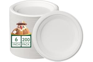 JOLLY CHEF 100% Compostable Small Paper Plates, 200 Pack 6 Inch Heavy Duty Dessert Plates, Disposable Biodegradable Eco-Friendly Sugarcane, Bulk White