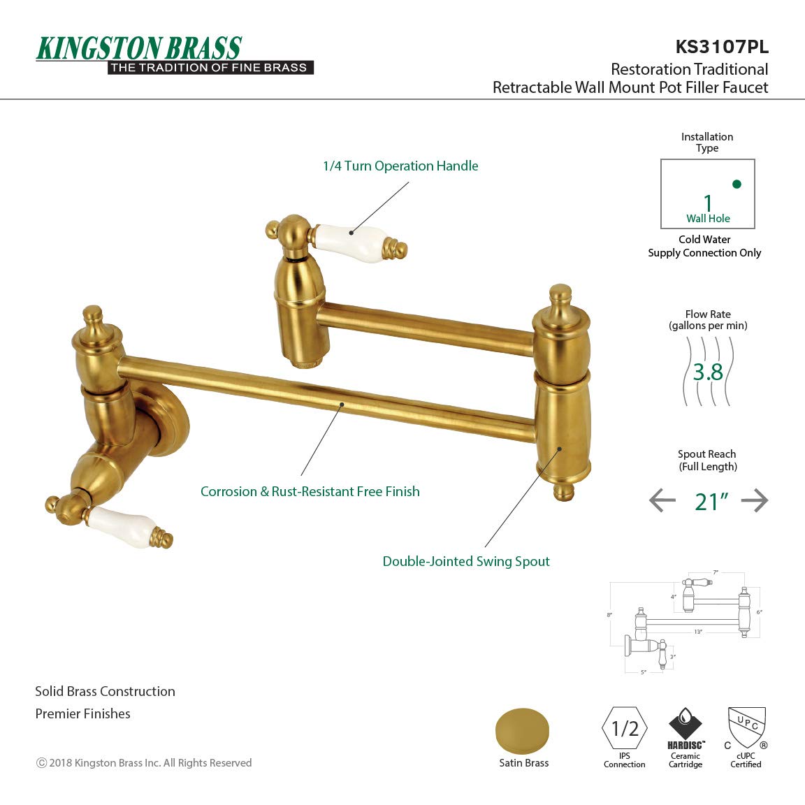 Kingston Brass Ks3107pl Restoration Wall Mount Pot Filler Kitchen