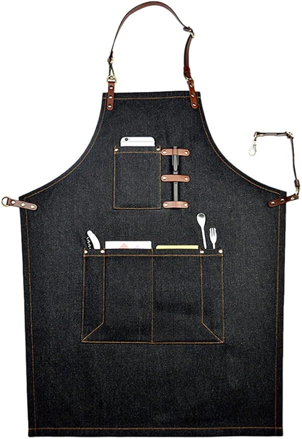 Bhome - Delantal unisex (algodón y cuero auténtico con bolsillo