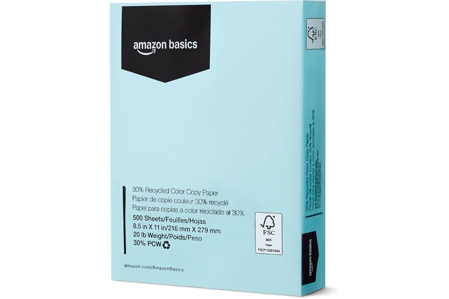 Amazon Basics 30% Recycled Color Copy Paper, 8.5" x 11", 20lb, Pastel Blue, 500 Sheets