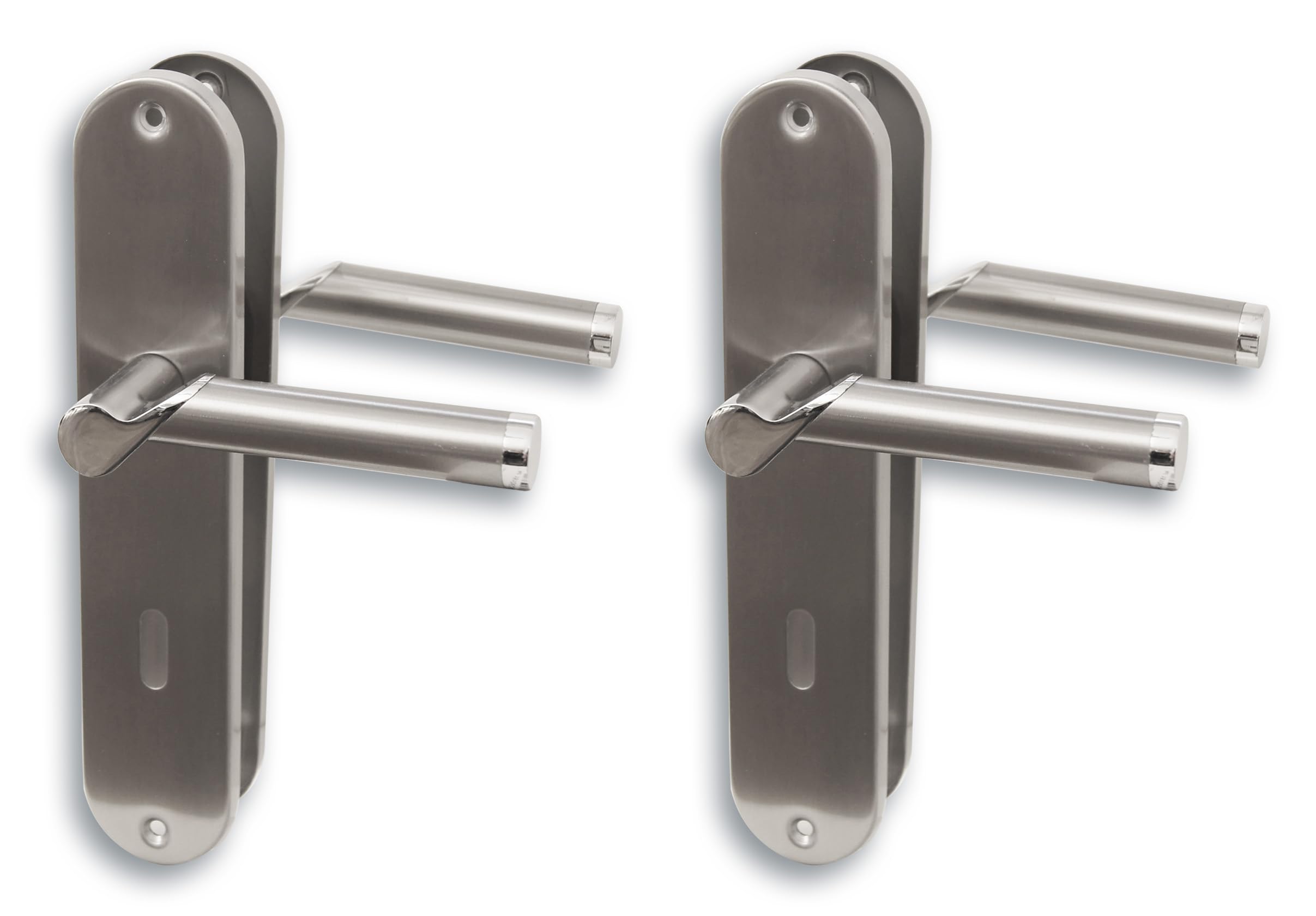 Alpertec Renovation Set II Door Fitting, Long Plate Set of 2, Polished Stainless Steel/Satin Gloss Varnished for 2 Room Doors with Deadlock Holes, Door Handle, Door Handle