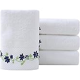 Pidada Hand Towels Set of 4 Embroidered Floral Pattern 100% Cotton Absorbent Soft Decorative Towel for Bathroom (White Pattern 5)
