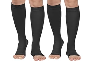 MGANG® 20-30 mmHg Compression Stockings for Men and Women, 2 Pairs Medical Compression Socks, Knee High Length, Open Toe, Opaque, Support Hose for Varicose Veins, Oedema, Swelling, Black X-Large