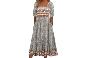 Akivide Women's Bohemian Floral Printed Maxi Dress Colorful Summer Casual Loose Flowy Dresses with Pockets