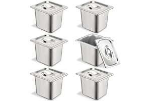 TSUBOR 6 Set Stainless Steel Hotel Pans 1/6 Size 6 Inch Deep With Lids, Anti-Jam Chafing Steam Table Pans, Catering Food Storage Metal Pan
