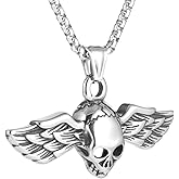 Men'S Gothic Punk Hip-Hop Rock Angel Wings Skull Pendant Necklace, 316L Stainless Steel Material, Silver Stainless Steel Square Pearl Chain, Vintage Halloween Jewelry
