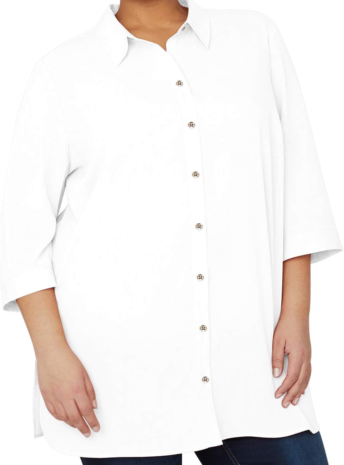 Symbidium Women's Plus-Size Buttonfront Shirt Soft Casual Three-Quarter Lounge Shirts