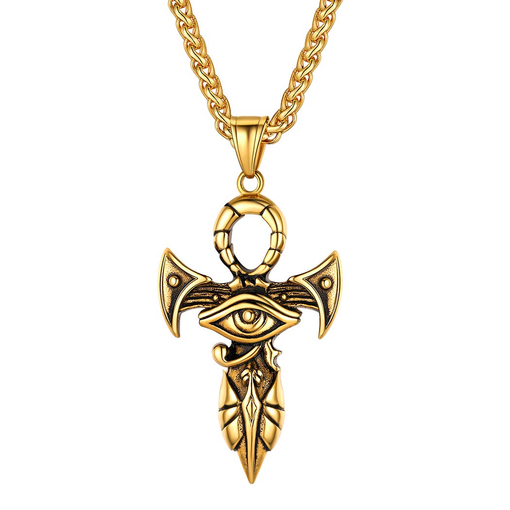 Suplight Cross Necklaces Stainless Steel Chains Eye of Horus Ankh Cross Pendant Ancient Egyptian Jewelry Gold Symbol of Protection Amulet Necklace for Men Women