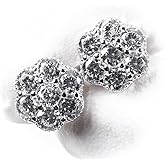Brilliant Unisex Elegant Iced Cz White Gold Plated 925 Sterling Silver Round Men's Women Flower Cluster Cz Unisex Circle Stud Hip Hop Hypoallergenic Screw Back Earrings