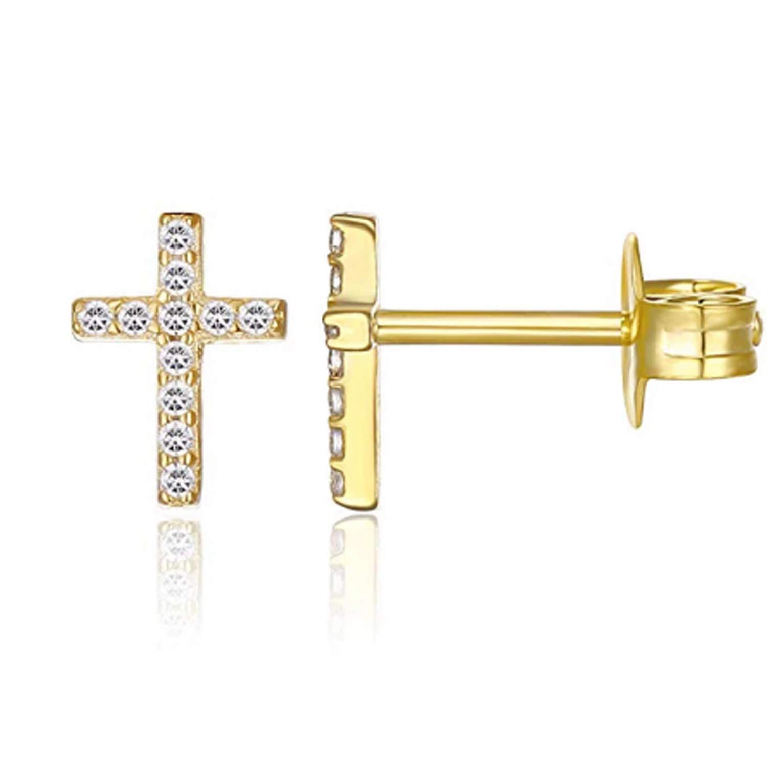 IzuBizu London Girls Womens 925 Sterling Silver Gold Cross Cubic Zirconia Diamond Stud Earrings Religious Anniversary Engagement Birthday Easter