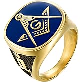 IFUAQZ Men's Stainless Steel Gold Plated Freemason Masonic Rings Blue Lodge Compass Master Mason Biker Band