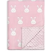Rabbit Minky Baby Blanket 30 x 40 Inches for Girls, Soft Plush Receiving Blanket with Dotted Back, Gift for Toddler Newborn Infant Christmas Birthday Baby Shower