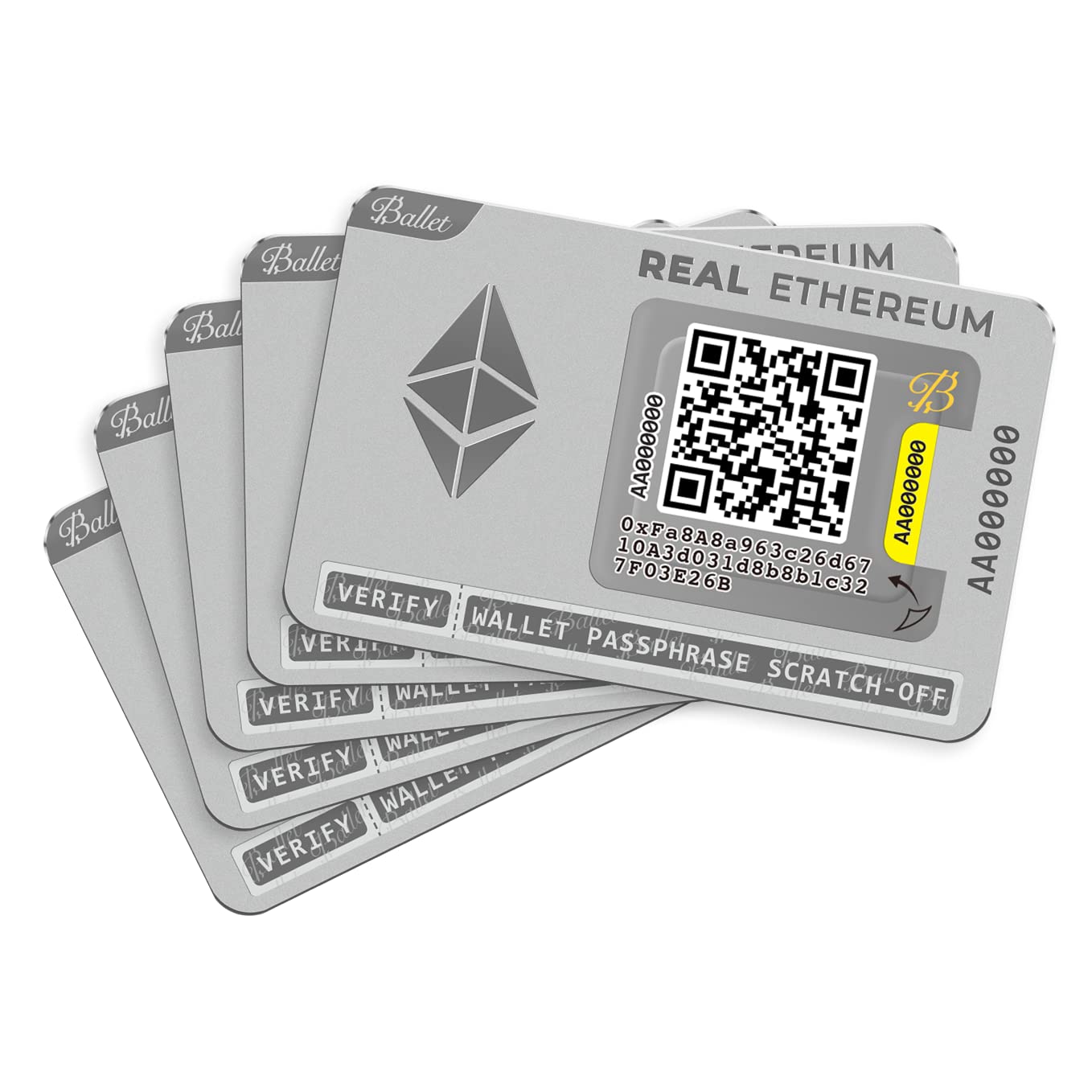 Ballet REAL ETH 5-Pack Cold Storage Wallet Cards | Split Holdings, Gifting & Long-Term Storage | Non-Electronic | No Seed Phrase | Ballet Crypto App | 1,000+ Coins & NFTs