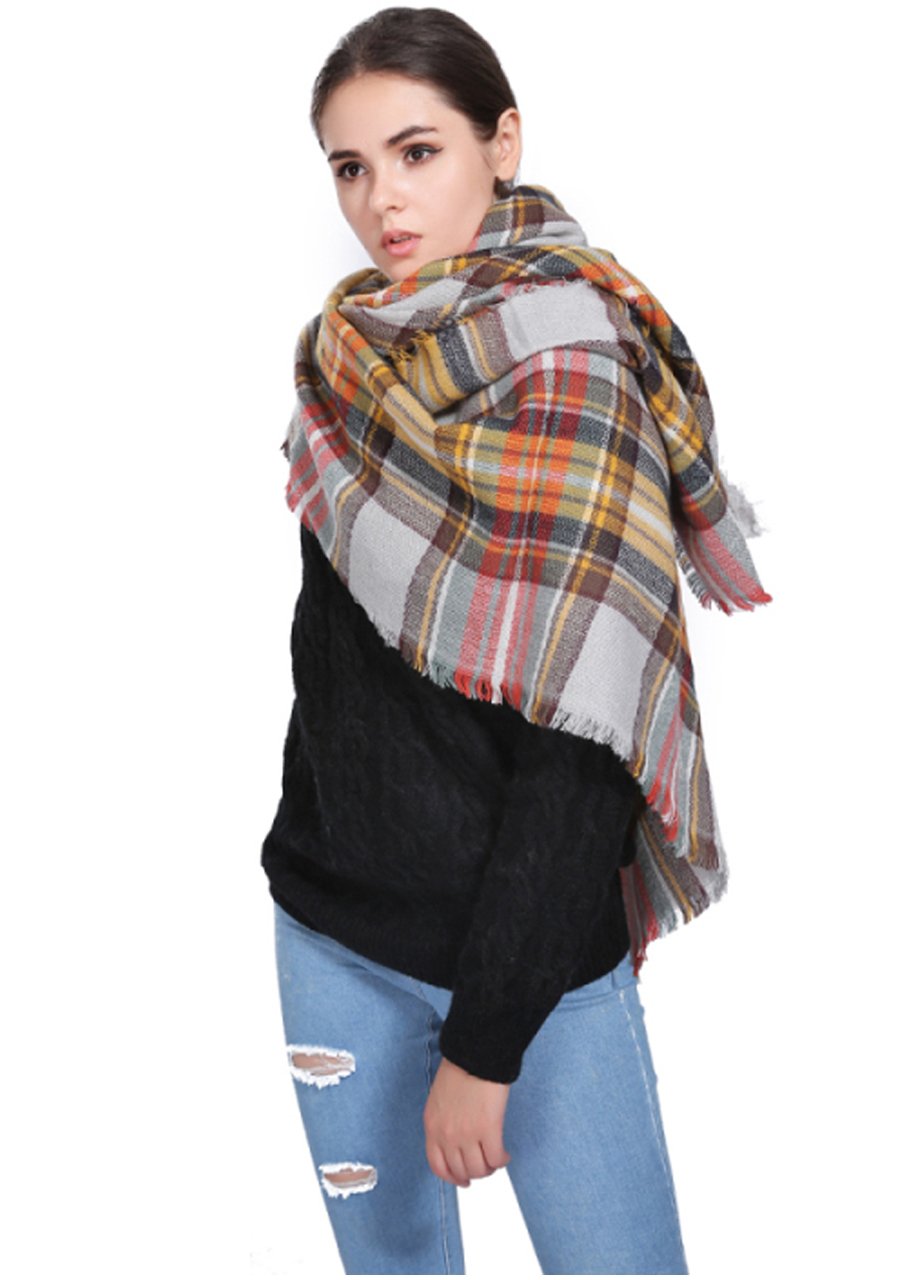 CHIC DIARY Women\'s Tassels Soft Plaid Tartan Scarf Pashmina Winter Large Blanket Wrap Shawl (#02-Yellow)