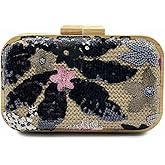 WuDiaoer Women Embroidered Sequin Flower Evening Bag Glitter Beaded Handbag Straw Woven Clutch Purse with Chain for Party
