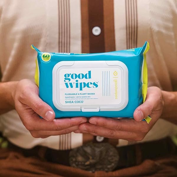 GOODWIPES FLUSHABLE & PLANT-BASED WIPES WITH BOTANICALS | DISPENSER FOR AT-HOME USE | SHEA-COCO WITH ALOE SEPTIC AND SEWER SAFE | 60 COUNT (1 PACK) – BIGGEST ADULT WIPES