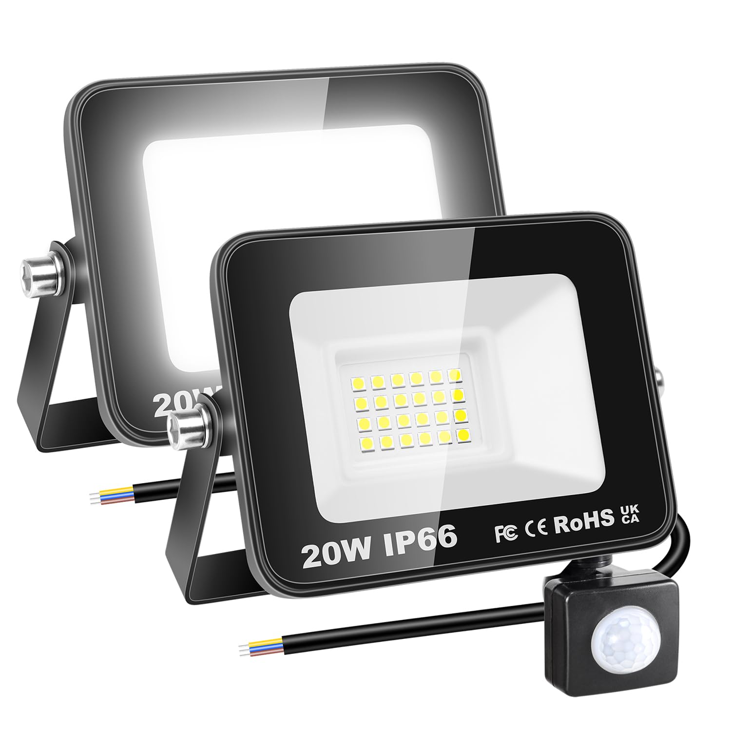 RIGIDON 2 Pcs PIR Motion Sensor Outdoor Floodlight, 20W 2000 Lumens Outside Led Work Light, Daylight Cold White Wall Light for Garden Garage Backyard Patio Lawn House Doorway, IP66 Waterproof 6000K