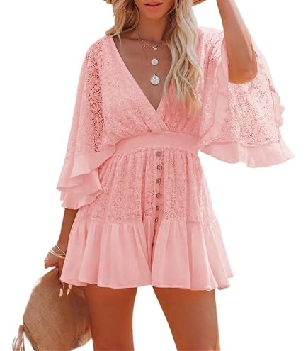 Women's Lace Crochet Romper Dress with Built-in Shorts,V Neck Batwing Sleeve Mini Dresses Crochet Romper Dress (Small,Black) : Clothing, Shoes & Jewelry