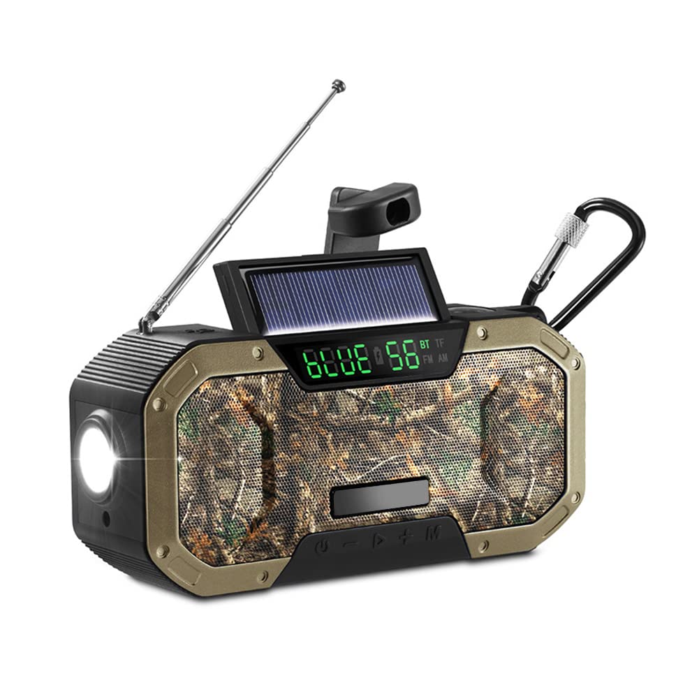 Wind Up Solar Radio, 5000mAh Digital Radio with LCD Display, IPX5 Waterproof Solar Hand Crank Radio w/LED Torch Light, SOS Alarm, USB Cell Phone Charger (Army Green)