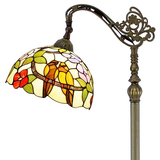 Tiffany Style Reading Floor Lamp Stained Glass With Tropical Lover Birds Lampshade 64 Inch Tall Antique Arched Base For Bedroom Living Room Lighting