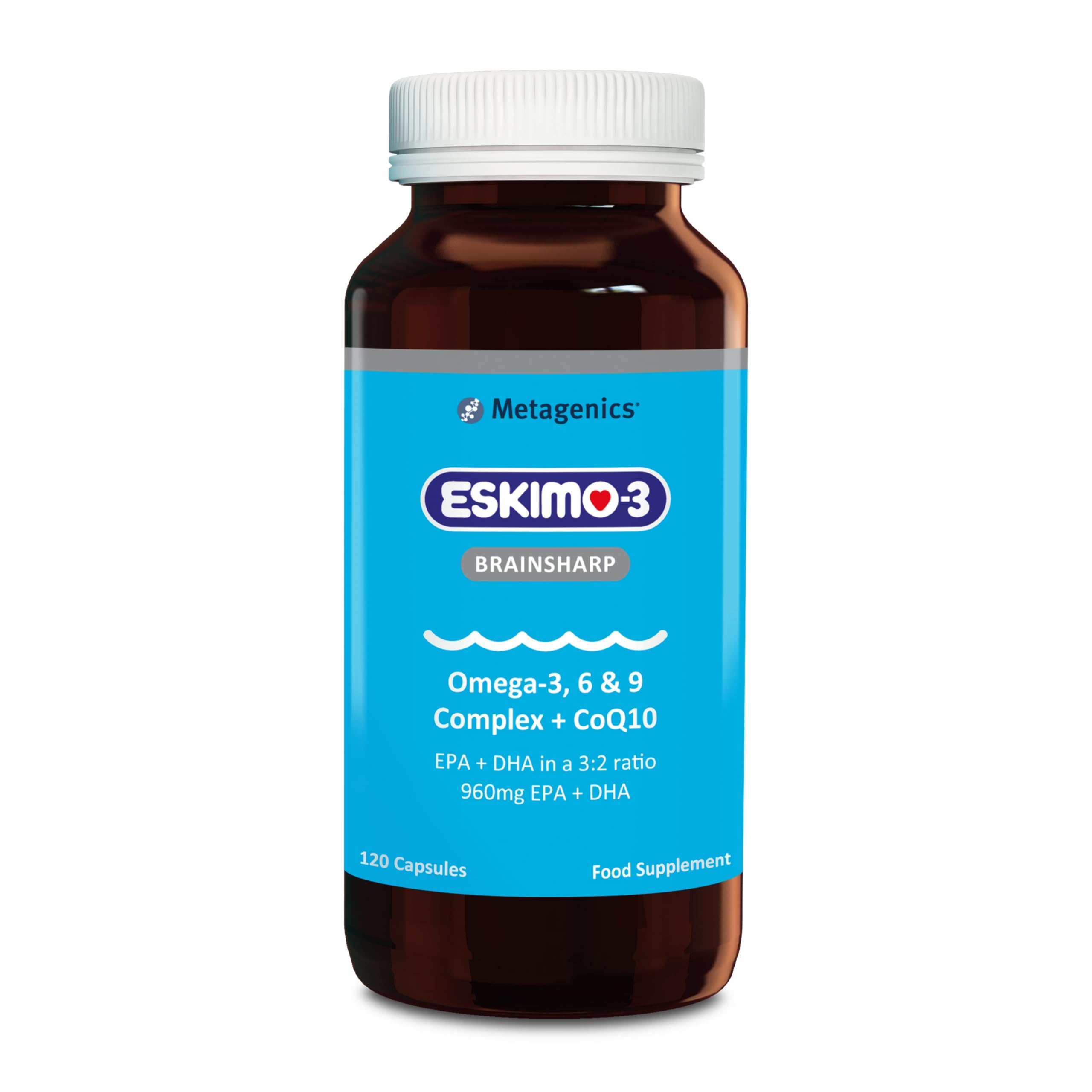 Eskimo-3 Brainsharp Fish Oil by Metagenics - Omega-3, 6 & 9 + CoQ10 for Memory & Concentration - 960mg EPA & DHA - 120 Capsules