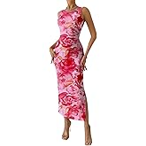 Trendy Queen Bodycon Maxi Dress Womens Sleeveless Floral Print Fitted Party Club Ruched Dresses with Side Slit