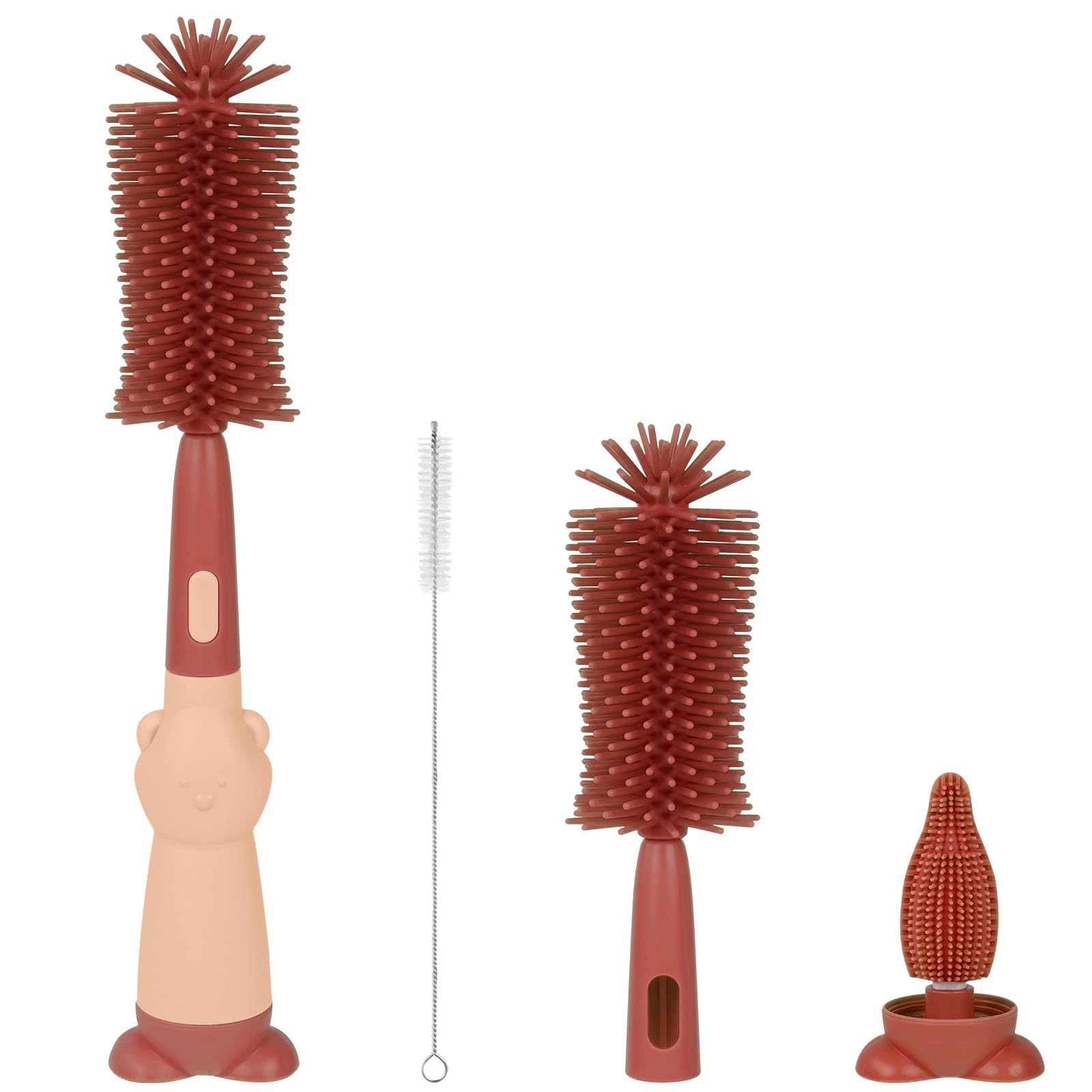 Vicloon 3 in 1 Silicone Bottle and Teat Cleaning Brush, Straw and Teat Cleaner, Baby Bottle Brush Set (Red)