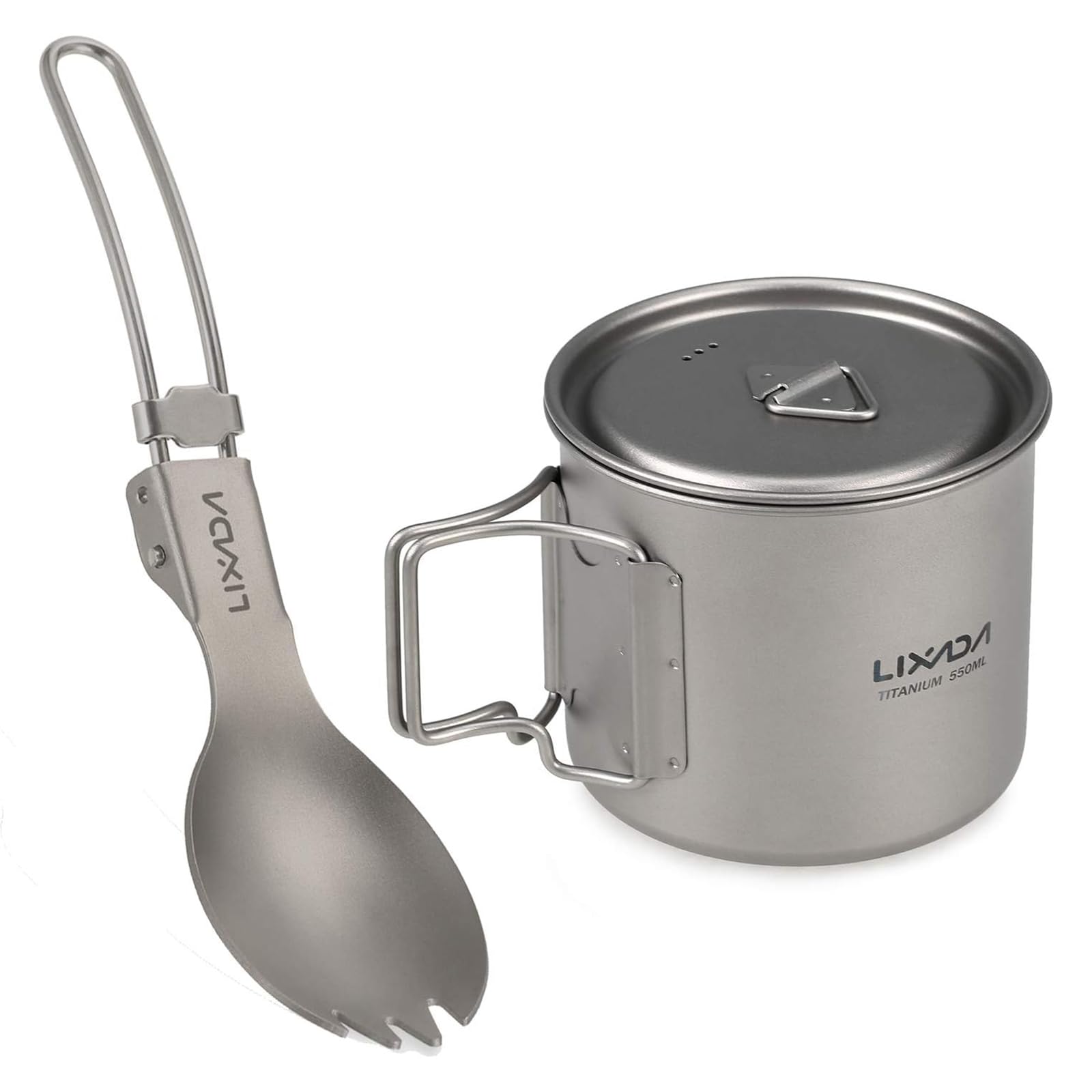 Lixada 550ml Titanium Mug Portable Camping Cups Foldable Ultralight Mug with Lid Picnic Titanium Cup with Folding Spork for Outdoor Camping Picnics