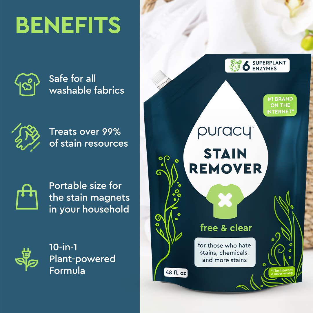Puracy Stain Remover Cleaning Spray Refill - Enzyme-Powered Stain Remover Spray As Seen on TikTok, Natural Travel Spot Removal for Clothes (Unscented, 48 fl oz)