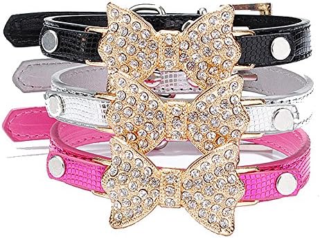 WIN,Pet Kingdom 2 Rows Rhinestone Bling Hear Alligator Pattern Leather Dog Collar For Small Or Medium Pet Collar Adjustable Sparkly Crystal(Pink.Blue,Black,Red,Rose Red,Gold,Silver)