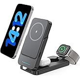 ANJANK 3 in 1 Foldable Wireless Charging Station, 5000mAh Removable Mag-Safe Power Bank, Travel Portable Magnetic Charger Stand for iPhone 17 16 15 14 13 12 Pro Max Plus, Apple Watch Series, AirPods