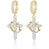 ZHDHDQ Crown Cross Necklace Earring Set for Women,Diamond Dainty 14k Gold Plated Cubic Zirconia Pendant Necklaces and Earring,Trendy Waterproof Non Tarnish Faith Jewelry First Communion Necklace