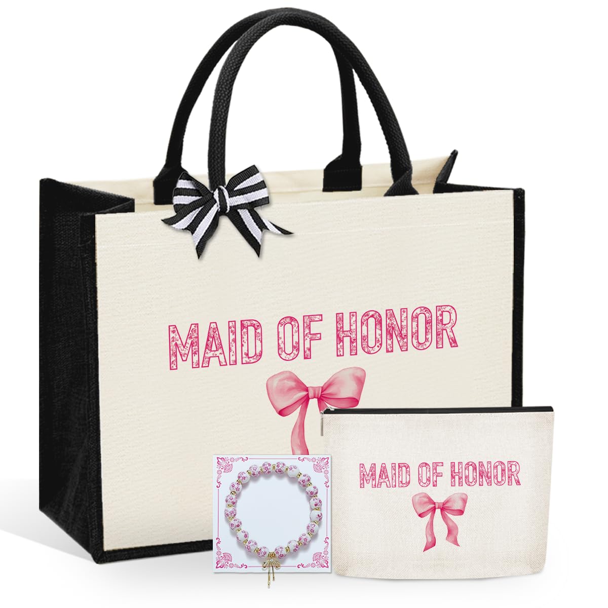 Photo 1 of 3 Pcs Bride Wedding Tote Bag with Makeup Bag and Bracelets, Bridal Shower Gifts, Bachelorette Party Bags, Coquette Bow Tote Bags with Floral for Wedding Bachelorette Party - Maid of Honor Pink