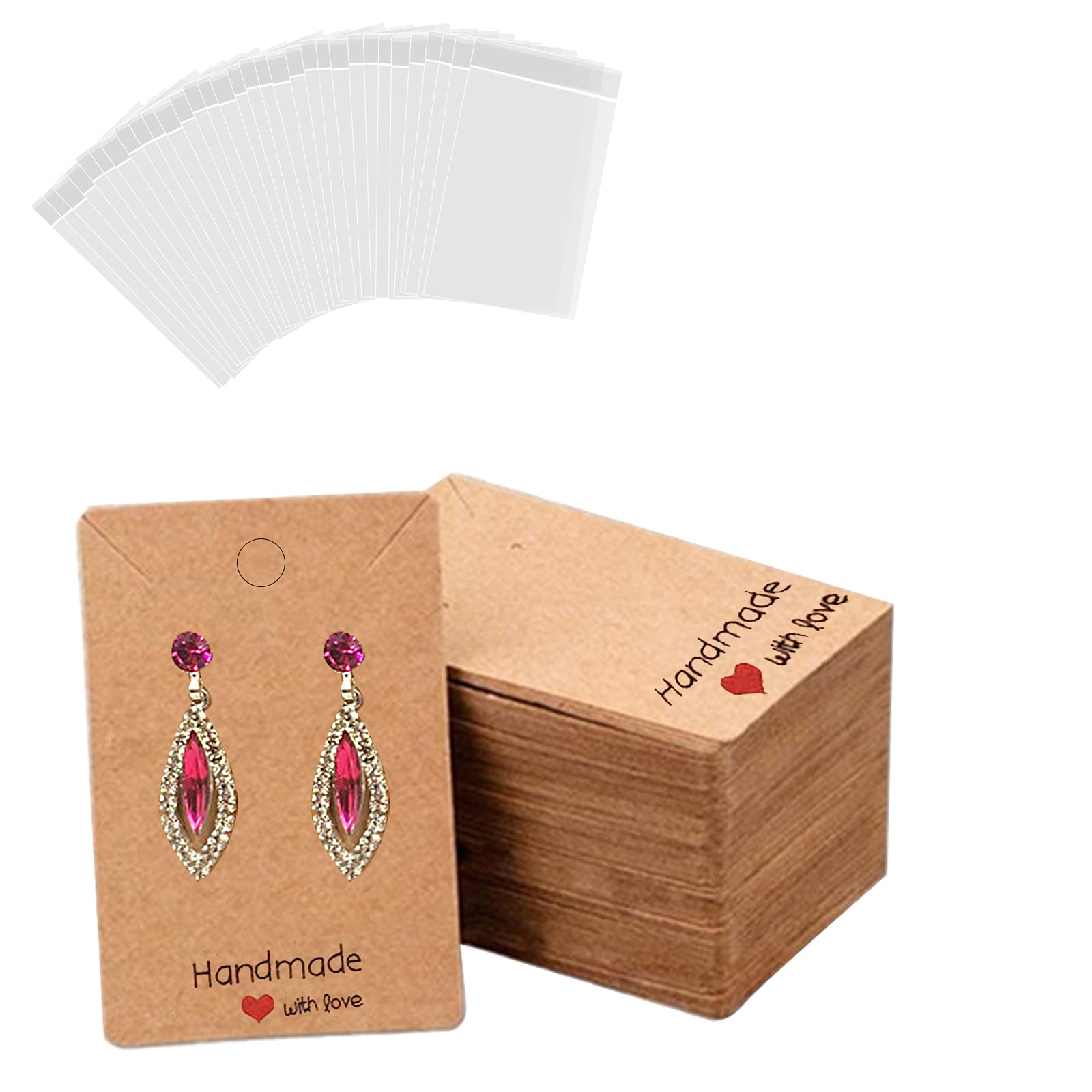 200 PCS Earring Display Cards Kraft Earring Cards Handmade with Love Display Cards Jewellery Packaging Card Brown Earring Tags for Diy Jewelry(100 Earring Holder Cards,100 Self Sealing Clear Bags)
