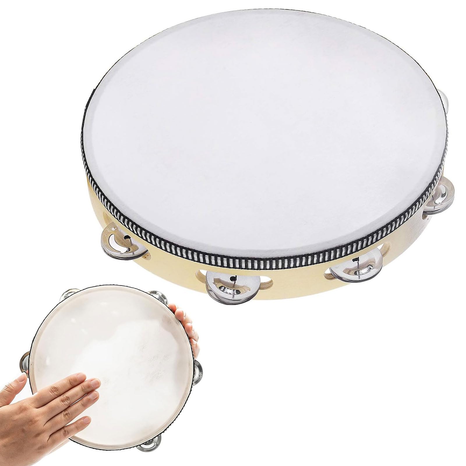HandHeld Tambourine,Drum Tambourine,Tambourines for Adults Kids,Handheld Wooden Tambourine,Drum Bell,Metal Jingles Percussion Musical Instrument for Party Games