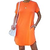 YEXIPO Women's Casual Summer Short Sleeve T Shirt Dress Nightgown Crew Neck Loose Solid Color Basic Dresses with Pockets