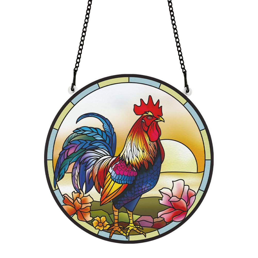 PLIGREAT Suncatchers Rooster Chicken Acrylic Stained Glass Sun Catcher Summer Patio Garden Hanging Tree Ornament for Farmhouse Kitchen Window Decoration Wall Art Decor Housewarming Memorial Gift