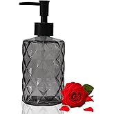 Glass Soap Dispenser with Black Plastic Pump, 12oz Refillable Liquid Hand Soap Dispenser, Crystal Lotion Bottle for Modern Home Decor, Bathroom, Kitchen Countertop, Hotel