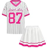 RoseSeek Girl's Two Piece Y2k Striped Outfit Cute Letter Graphic V Neck Jersey Top Ruffle Skirt Set
