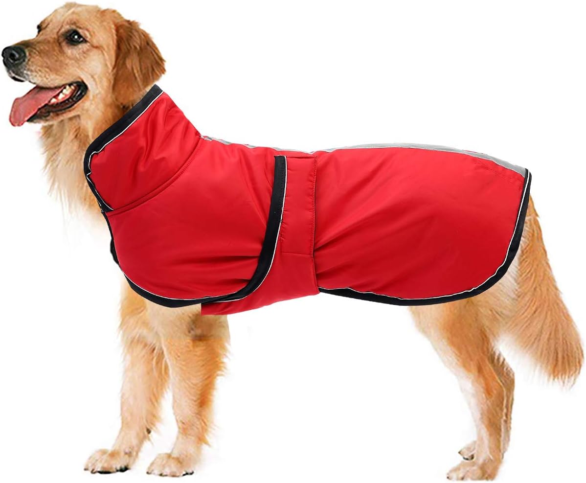 Geyecete Reflective Parka 300D Dog Coat, Waterproof Dog Jacket for Small Medium Large Dogs with Harness Hole-Red-S