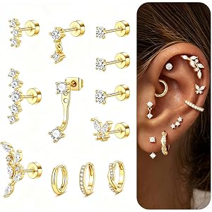 TURANDOSS Hypoallergenic Flat Back Stud Earring Stack for Women Girls | 14K Gold Plated, Small CZ Flatback Stud Huggie Hoop E