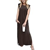 GRECERELLE 2026 Women Year-Round Casual Round Neck Loose Split Wrinkle-Free Long Maxi Vacation Dress with Pockets (XXS-4XL)