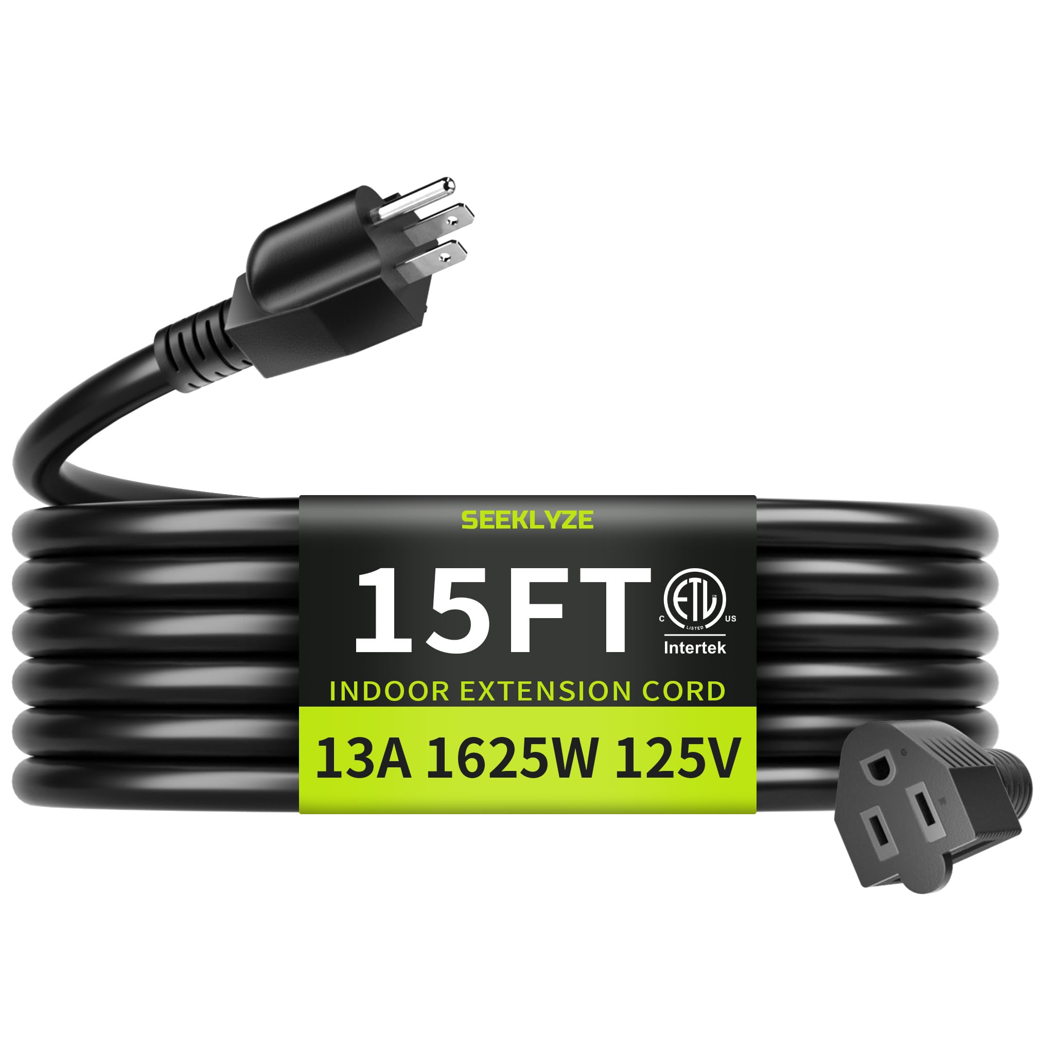 Photo 1 of 16/3 Black Extension Cord 15 FT Indoor, Short Extension Cord for Laptops, Coffee Makers, Office Home Appliances, 3 Prong Small Resistant Cable Flexible, 13A 125V 1625W ETL Listed