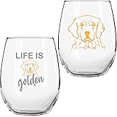 On The Rox Golden Retriever Gifts for Dog Lovers - Life Is Golden 15 oz Stemless Wine Glass Set of 2 - Cute Dog Face Glasses for Women - Funny Tumbler, Cup for Pet Lovers Drinks