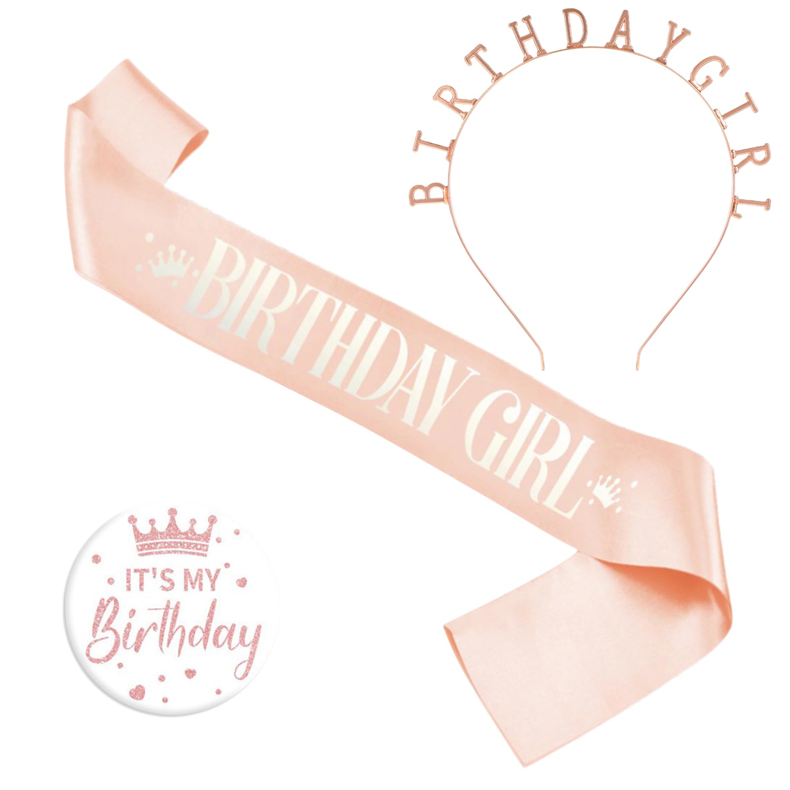 Vxcvzv 3 PCS Birthday Sash for Women Sash and It's My Birthday Button Glittery Metal Badge,Princess Headband for Party Decoration (Rose Gold)